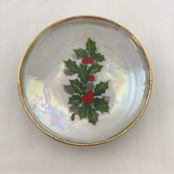Ucagco Other - Vintage Ucagco Trinket Dish Coaster Holly Leaves Berries Multi Iridescent